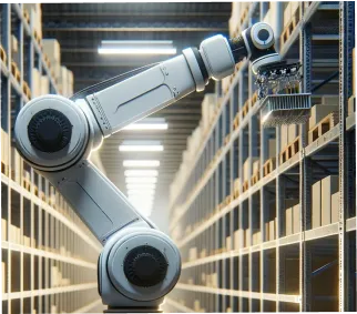 倉庫内で高いところの荷物を下ろしているロボットアーム